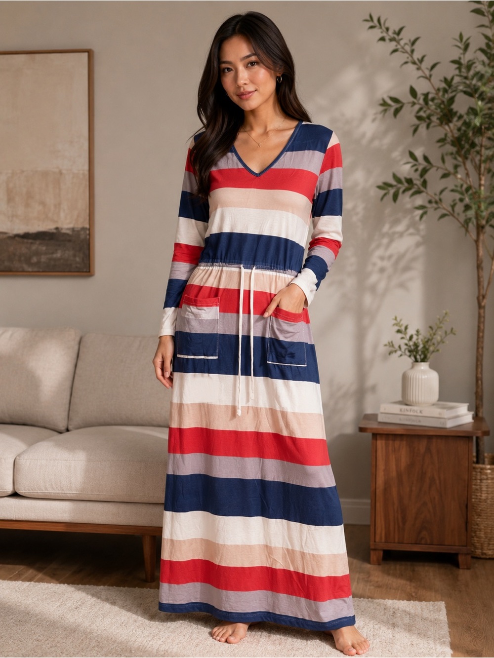 Women’s Striped Long Sleeve Maxi Dress with Pockets – Size Small